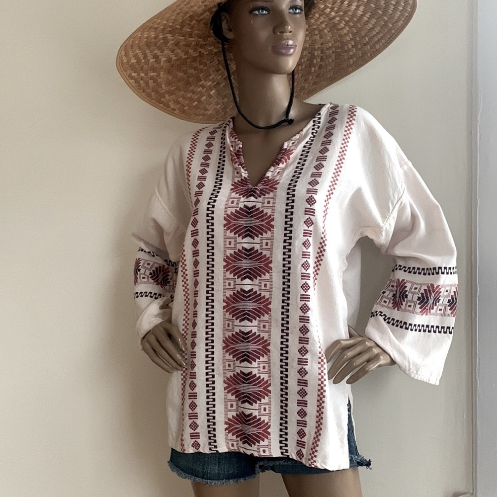 Vintage Guatemalan embroidered linen/ flax long sleeved shirt